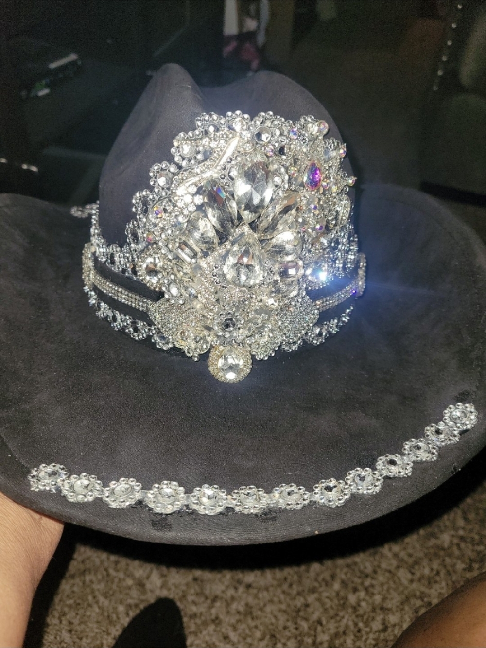 Black Crystal-Embellished Western Hat with Silver Accents